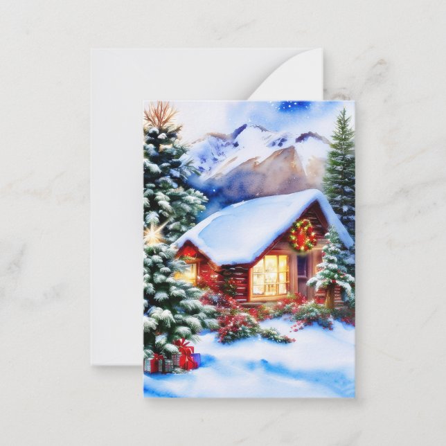 Tarjeta Pequeña Navidades cabinas de montaña presupuesto mini (Anverso)