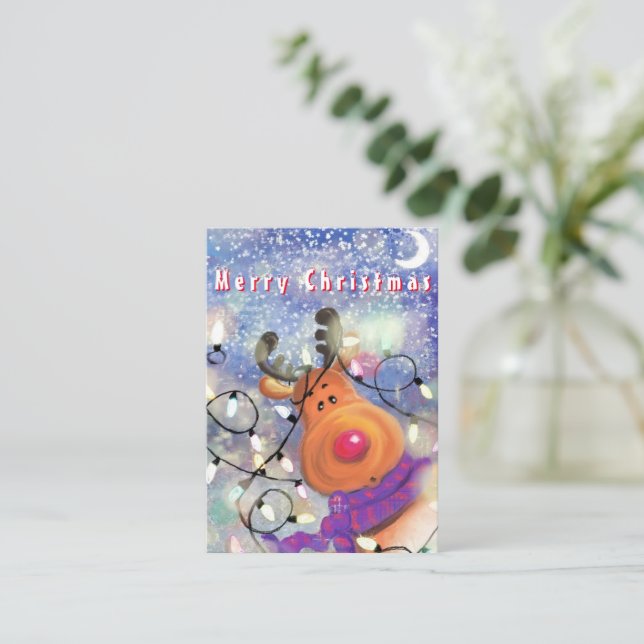 Tarjeta Pequeña Navidades con reno feliz (Anverso de pie)