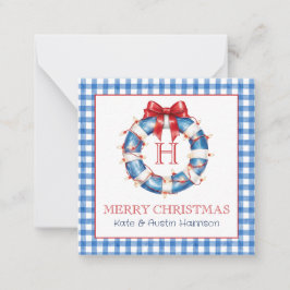 Tarjeta Pequeña Navidades costeros Gingham Monogram Wreath