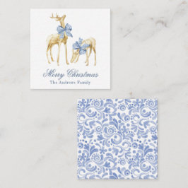 Tarjeta Pequeña Navidades de acuarela Blue Chinoiserie Bow Reindee