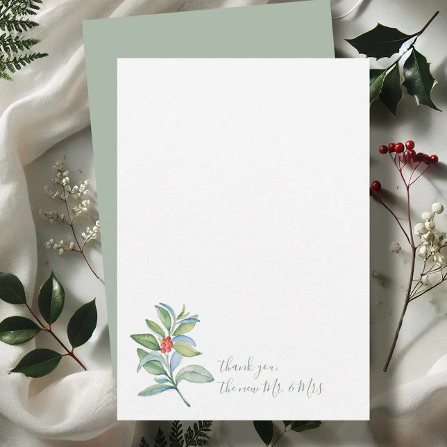 Tarjeta Pequeña Navidades de acuarela Holly y Berries Gracias (Christmas thank you card watercolor botanical art by Victoria Grigaliunas of Do Tell A Belle)
