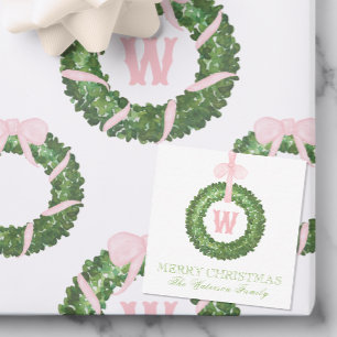 Tarjeta Pequeña Navidades De Bow Rosado Monograma Caja De Vocas