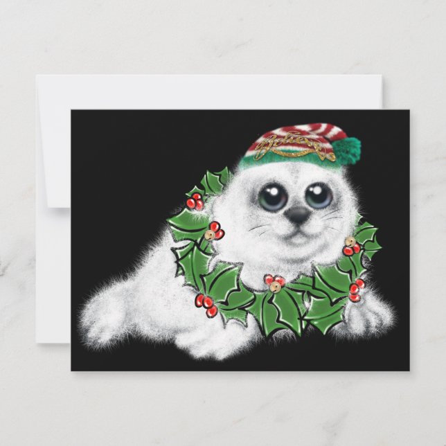 Tarjeta Pequeña Navidades de cachorro de foca blanca, animal festi (Anverso)