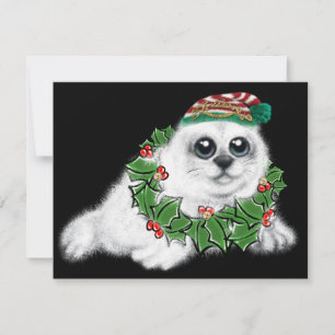 Tarjeta Pequeña Navidades de cachorro de foca blanca, animal festi