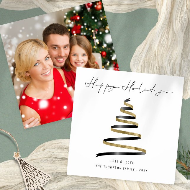 Tarjeta Pequeña Navidades de fotos del árbol negro dorado Felices  (Front and back view - add your favorite festive picture on the back!)