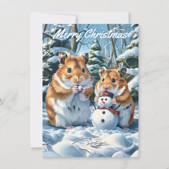 Tarjeta Pequeña Navidades de Hamsters y Snowman (Anverso)