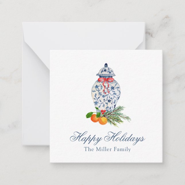 Tarjeta Pequeña Navidades de Jar de jengibre azul y blanco acuarel (Anverso)