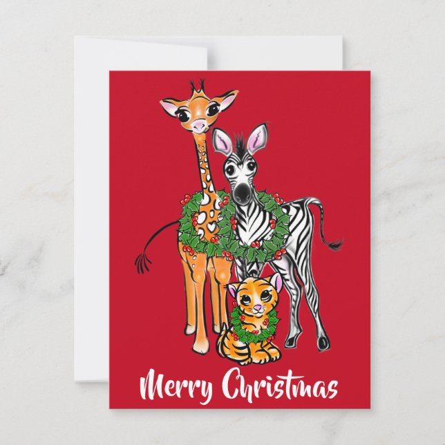 Tarjeta Pequeña Navidades festivos safari, león de cebra girafa (Anverso)