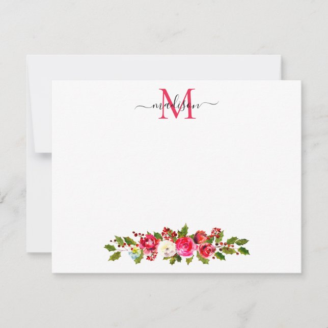 Tarjeta Pequeña Navidades Floral Greenery Holly Berries Monograma (Anverso)