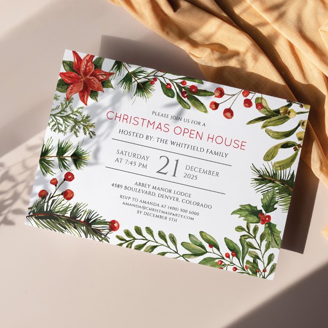 Tarjeta Pequeña Navidades Holiday Watercolor Berries Greenery (Christmas Open House Botanical Holiday Party Invitation)
