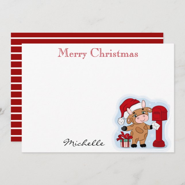 Tarjeta Pequeña Navidades Monogramas Holiday Cute Cow Personalizad (Anverso / Reverso)