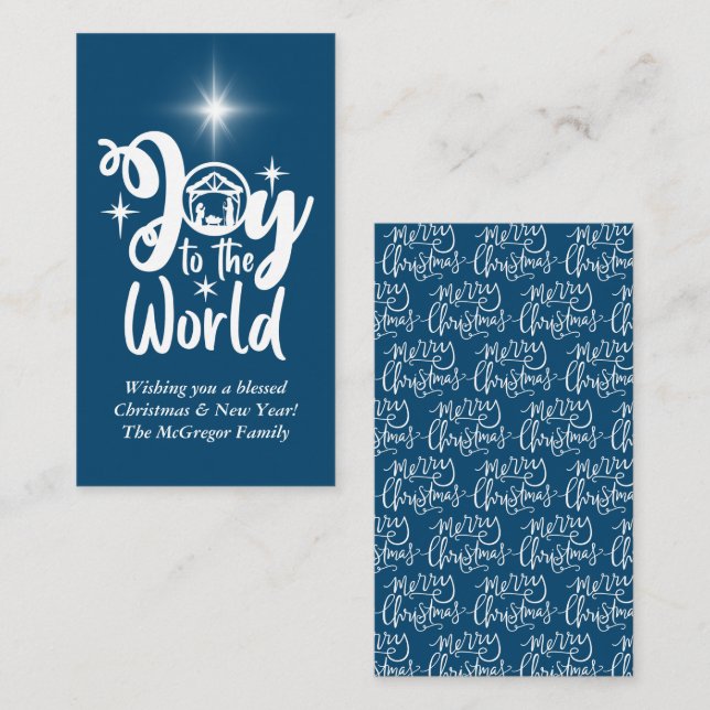 Tarjeta Pequeña Navidades Natividad Alegría Saludo Azul y Blanco (Anverso / Reverso)