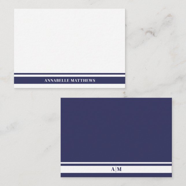 Tarjeta Pequeña Navy Blue Border Minimalist Name Monogram (Anverso / Reverso)