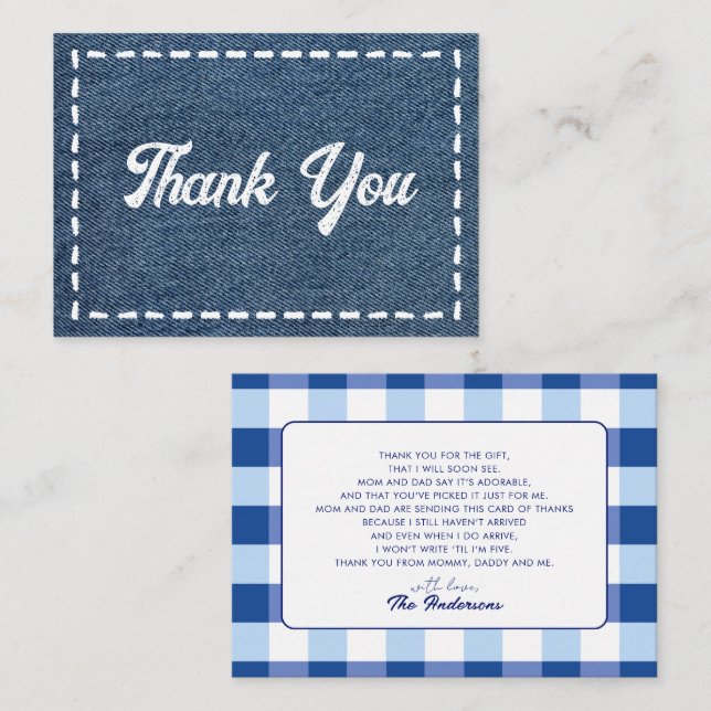 Tarjeta Pequeña Navy Blue Jean Baby Boy Baby Shower Thank You (Anverso / Reverso)