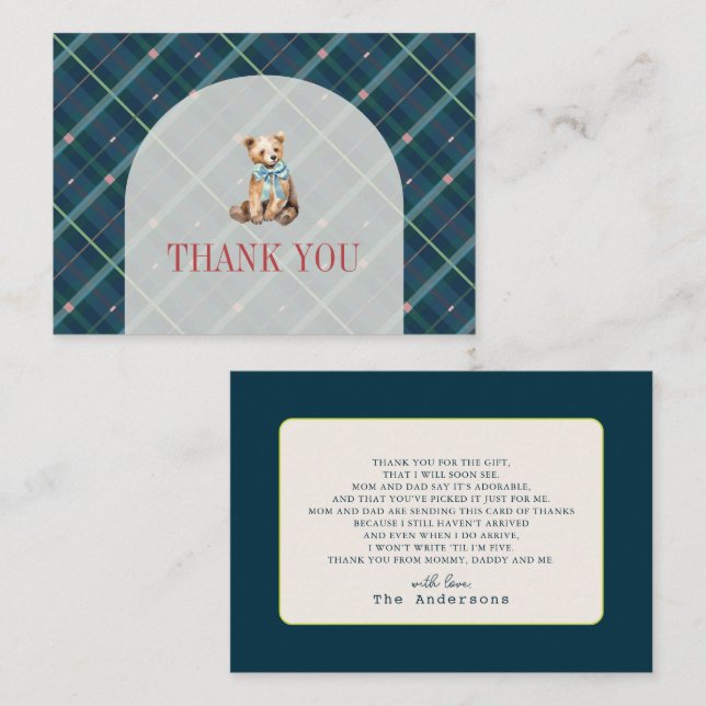 Tarjeta Pequeña Navy Blue Plaid Teddy Bear Baby Shower Gracias (Anverso / Reverso)