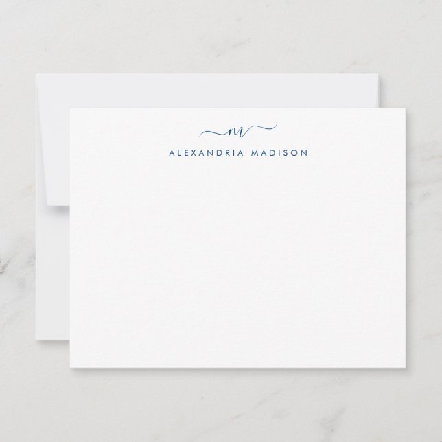 Tarjeta Pequeña Navy Blue Script Monograma Modern Swash Stationery (Anverso)