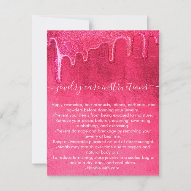 Tarjeta Pequeña Neon Pink Thick Purpurina Drin Jewelry Care Card (Anverso)