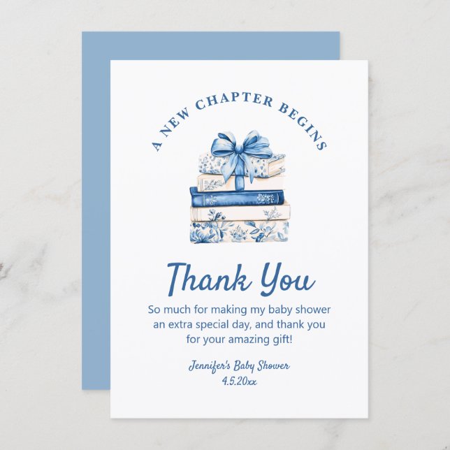 Tarjeta Pequeña new chapter begins, blue bow books thank you (Anverso / Reverso)