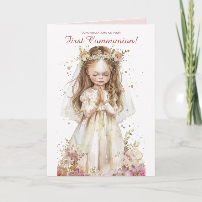 Tarjeta Pequeña Niña Editable Rezando Primera Comunión (Anverso)