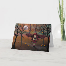 Tarjeta Pequeña niña vampiro de Halloween con gato negro