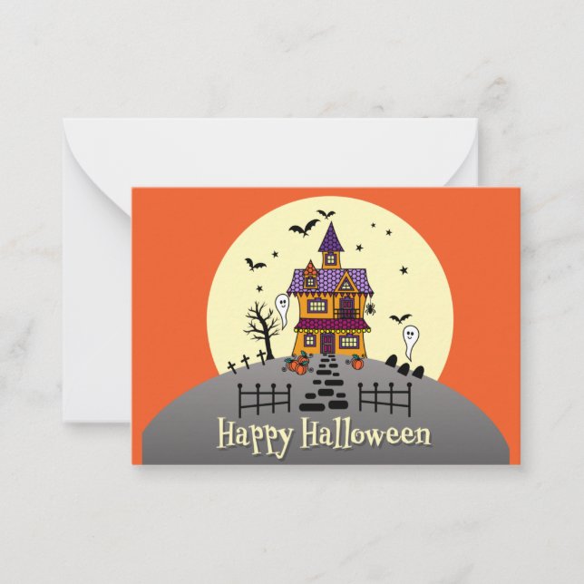 Tarjeta Pequeña Niños Feliz Halloween Casa Embrujada (Anverso)
