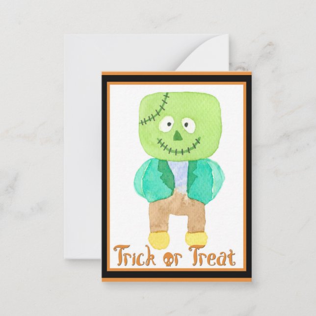 Tarjeta Pequeña Niños Lindos Halloween Frankenstein Truco o Truco  (Anverso)