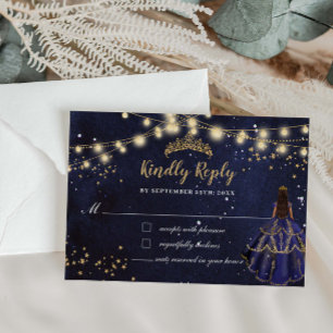 Tarjeta Pequeña Noche estrellada vestido azul marino de oro Quince