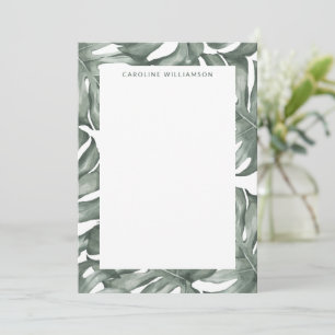 Tarjeta Pequeña Nombre botánico de hoja de Monstera verde acuarela