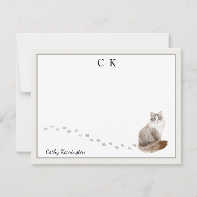 Tarjeta Pequeña Nombre de monograma del borde gris del gato siberi (Anverso)