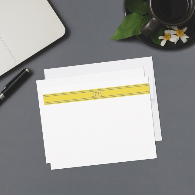 Tarjeta Pequeña Nombre de monograma personalizado Iniciales amaril (Personalized Monogrammed Name or Initials Yellow Gray Solid White Back Note Card Stationery)