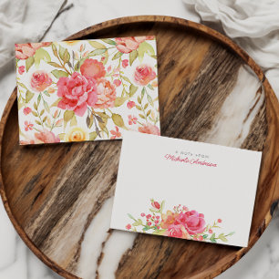 Tarjeta Pequeña Nombre Floral & Flores de Acuarela Rosa & Follaje