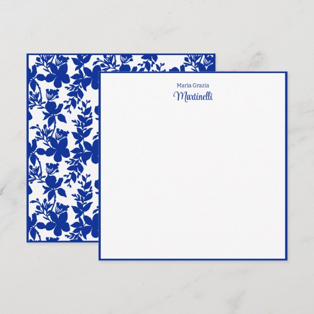 Tarjeta Pequeña Nombre Moda Apellido Patrón floral azul (Anverso / Reverso)