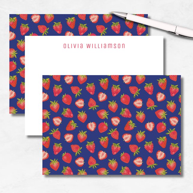 Tarjeta Pequeña Nombre personalizado de fruta de fresa (Fun strawberry notecards on blue background. Customize with your own name or choice of text.)