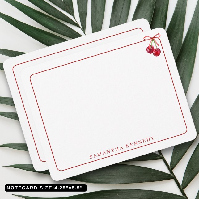 Tarjeta Pequeña Nombre personalizado del borde rojo de la barra de (Watercolor Bow And Cherries Red Border Custom Name Note Card
)