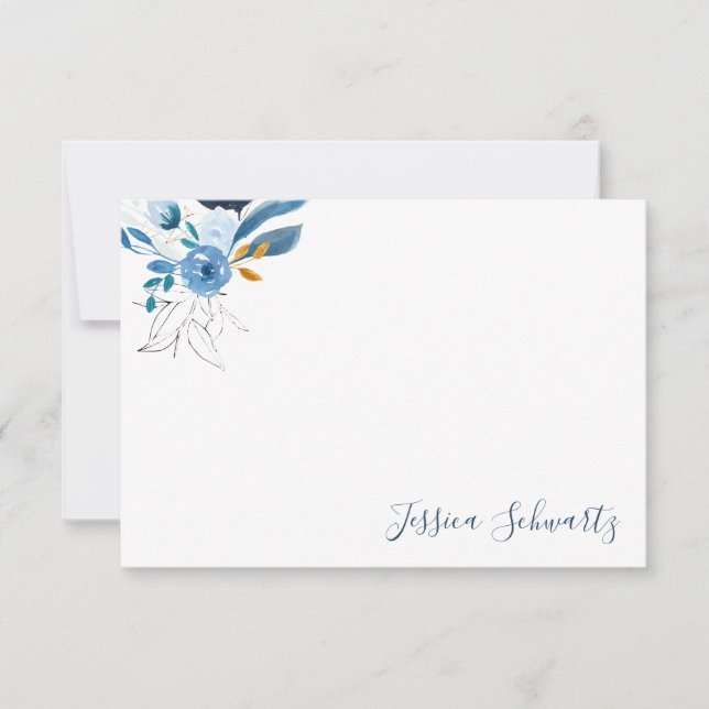 Tarjeta Pequeña Nombre personalizado floral de color azul moderno (Anverso)