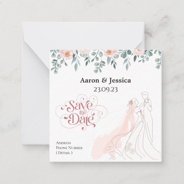 Tarjeta Pequeña Novia floral y Ilustracion de Groom Salven la fech (Anverso)