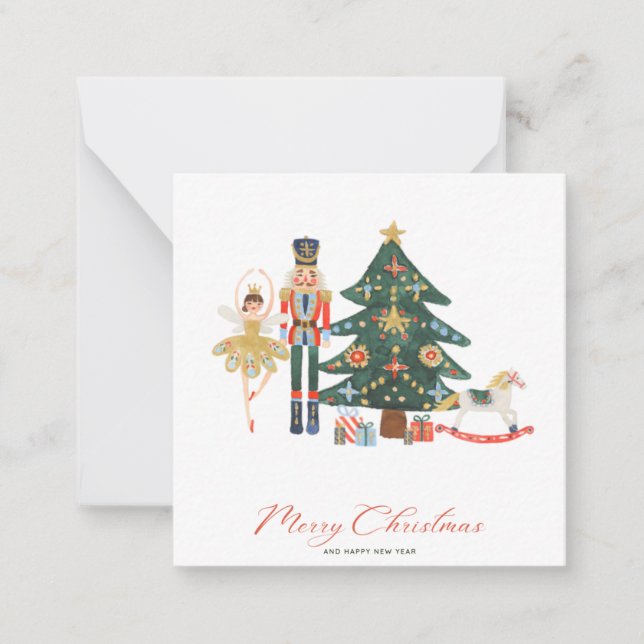 Tarjeta Pequeña Nucracker Watercolor Feliz Navidad. (Anverso)