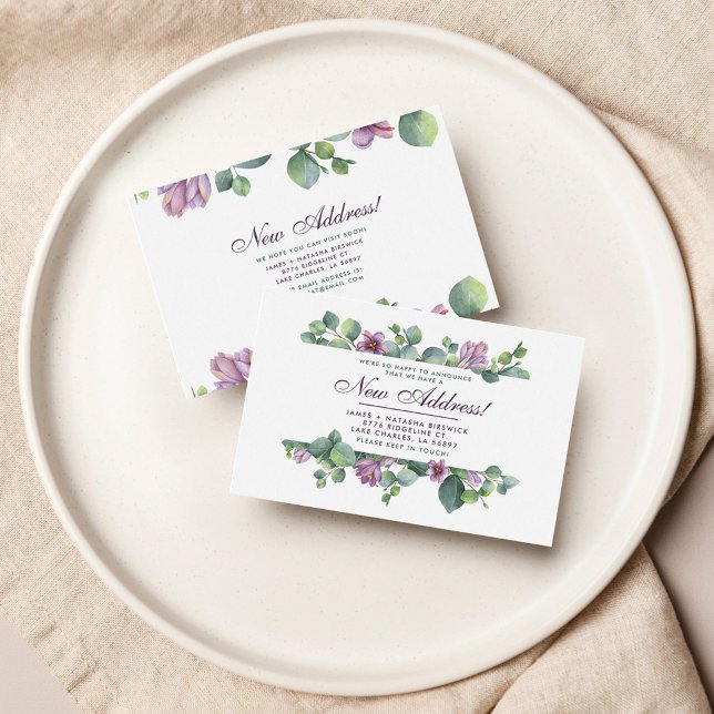 Tarjeta Pequeña Nueva dirección que hemos movido el eucalipto botá (Purple Green Eucalyptus Botanical Moving Announcement Notecard)
