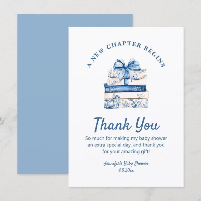 Tarjeta Pequeña nuevo capítulo comienza, blue bow books gracias (Anverso / Reverso)