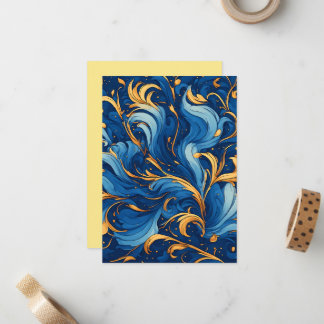 Tarjeta Pequeña Olas Reales de Capricho Remolinos de Azul y Dorado