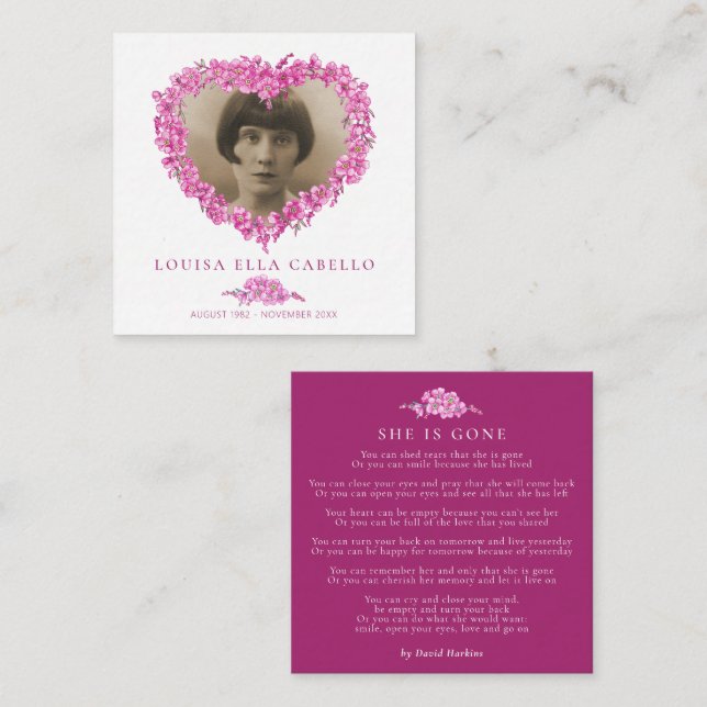 Tarjeta Pequeña Olvídate del funeral, ella se ha ido poema rosa (Anverso / Reverso)