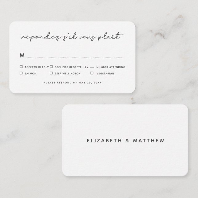 Tarjeta Pequeña Opción simple elegante de Boda de Moda RSVP (Anverso / Reverso)