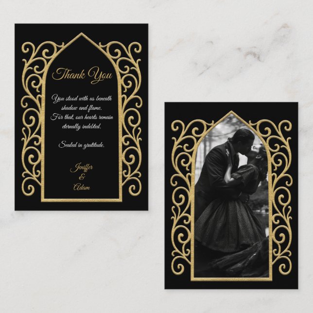 Tarjeta Pequeña Ornate border black and gold Gothic wedding (Anverso / Reverso)