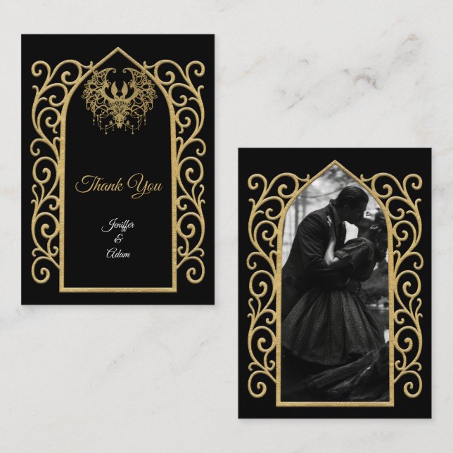 Tarjeta Pequeña Ornate border black and gold Gothic wedding (Anverso / Reverso)