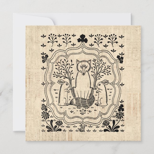 Tarjeta Pequeña Ornate Fox y Bunny Rabbits Cutan el arte animal (Anverso)