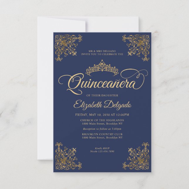 Tarjeta Pequeña Oro azul de la marina cosecha Tiara Quinceanera (Anverso)