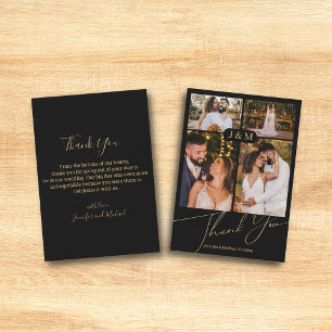 Tarjeta Pequeña Oro negro letra manuscrita 4 fotos boda gracias