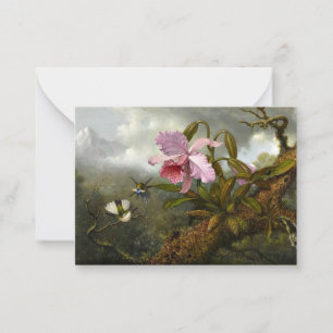 Tarjeta Pequeña Orquídea de Cattleya, dos colibríes y un escarabaj