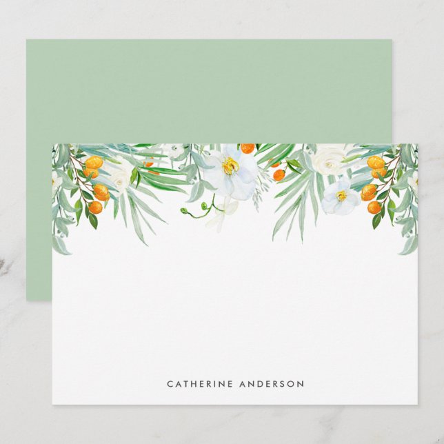 Tarjeta Pequeña Orquídeas blancas acuarelas y estatuas de Kumquats (Anverso / Reverso)