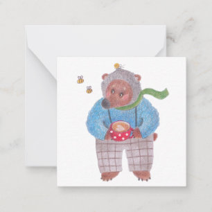 Tarjeta Pequeña Oso, abejas y capuchino